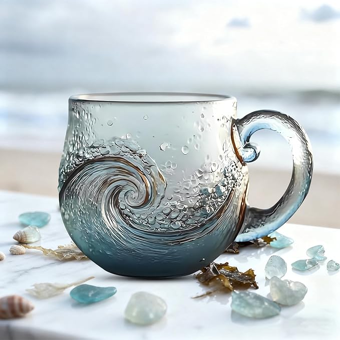 Sea Glass Wave Mug, 12 oz Handblown Ocean Wave Glass Mug Cup, Textured Sea Wave Design, Unique Glassware for Tea, Coffee, Cocktails, Beach Lovers & Gift Giving 1PCS
