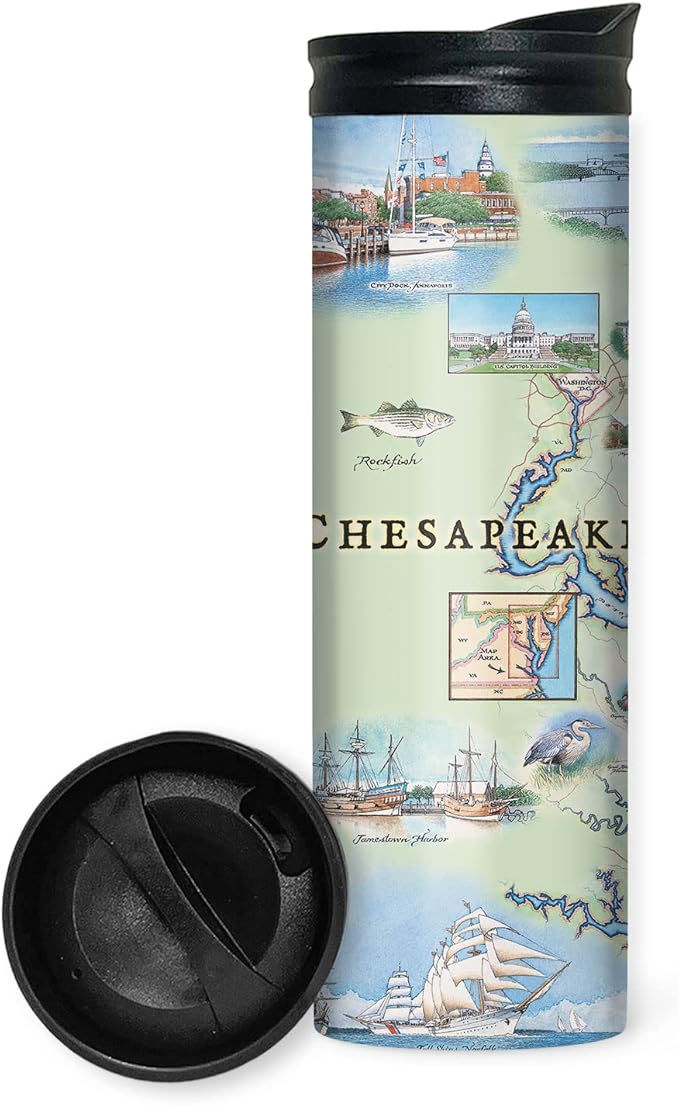 Xplorer Maps Chesapeake Bay Map 16 Oz Travel Drinkware with Spill-Resistant Lid - Stainless Steel Vacuum Insulated Coffee Tumbler