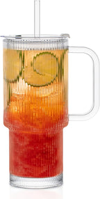 KEMORELA Large 26oz Clear Glass Mug with Handle and Sliding Lid – Aesthetic Ribbed Tumbler for Iced Coffee, Smoothies & Hot Drinks – Reusable Travel Cup with Straw, Dishwasher Safe (Ribbed Tumbler)