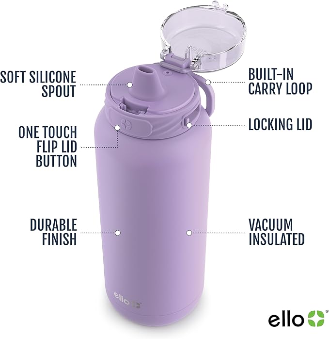 Ello Cooper 18oz Kids Stainless Steel Water Bottle with Straw and Carry Handle, Double Walled and Vacuum Insulated Metal, Leak Proof Locking Lid with Soft Silicone Spout, Reusable, BPA Free, Lilac