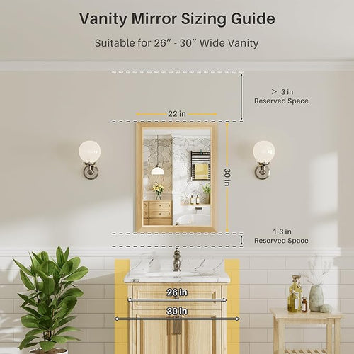22x30 Inch Bathroom Mirror for Wall, Anti-Rust Oak Wood Grain Metal Framed - Image 2