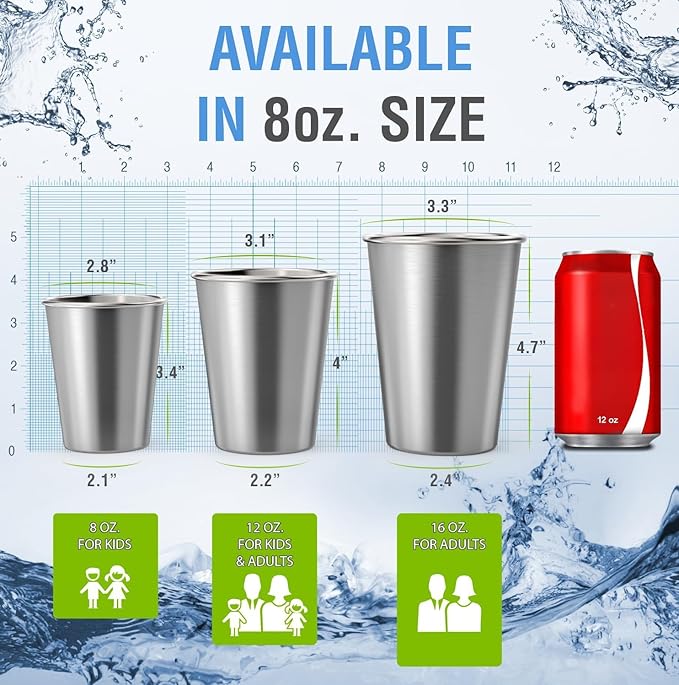 CHILLOUT LIFE Stainless Steel Kids Cups 8 oz - Stainless Steel Small Children Cups for Home & Outdoor Activities, BPA Free Unbreakable Premium Stackable Metal Drinking Glasses (8-Pack)
