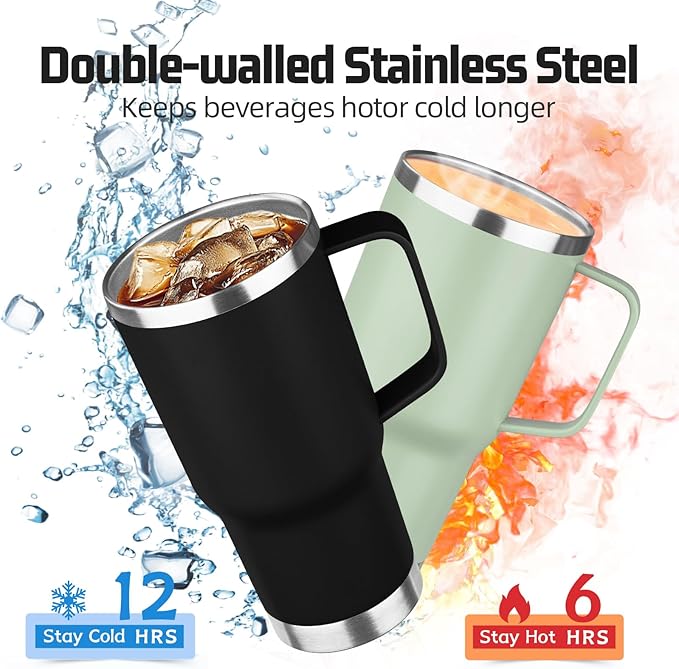 20 oz Tumbler with Handle Stainless Steel Insulated Coffee Tumbler with Lid and Straw Double Wall Vacuum Insulated Coffee Mug Leak Proof Travel Mug Tumbler for Hot and Cold Drink (Black,4pack)