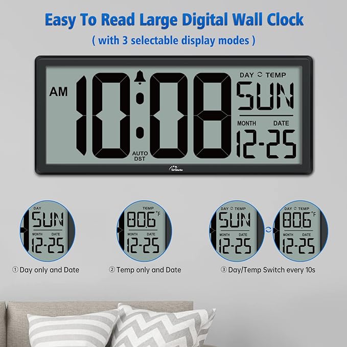 WallarGe 14.5'' Large Digital Wall Clock Battery Operated - Image 3