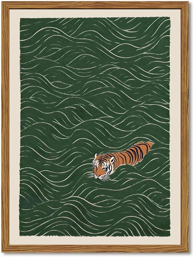 Framed Japanese Tiger Wall Art, Vintage Tiger Swimming Pictures Wall Decor by Unknown