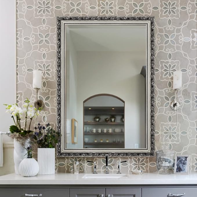 HA Bathroom Mirrors 40x24 Inch for Wall, Rectangle Silver Frame Wall Mounted - Image 7