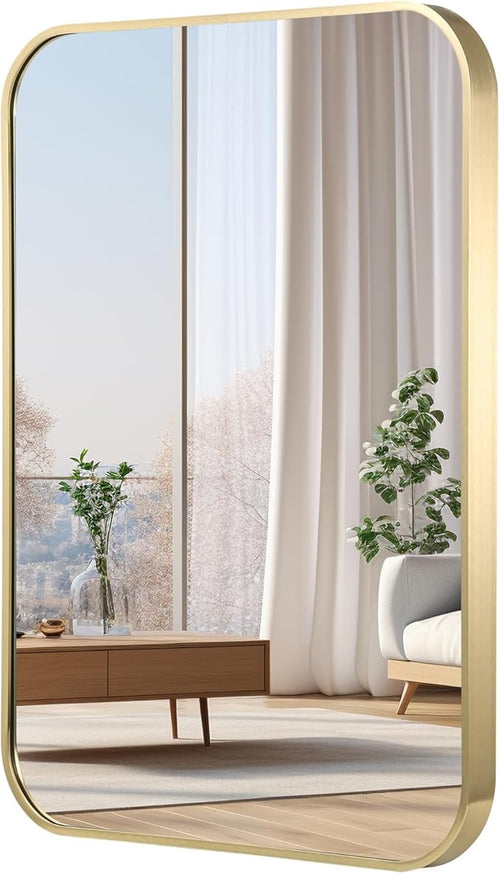 48x30 Inch Gold Bathroom Mirror, Brushed Gold Metal Framed Rectangular Mirror by JENBELY