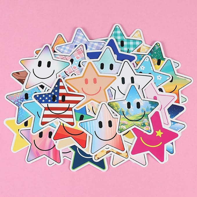 50PCS Smiling Star Stickers, Cute Water Bottle Stickers for Kids, for Teaching Rewards, Notebooks, Stationery, Luggage, Cartoon PVC Happy Stickers