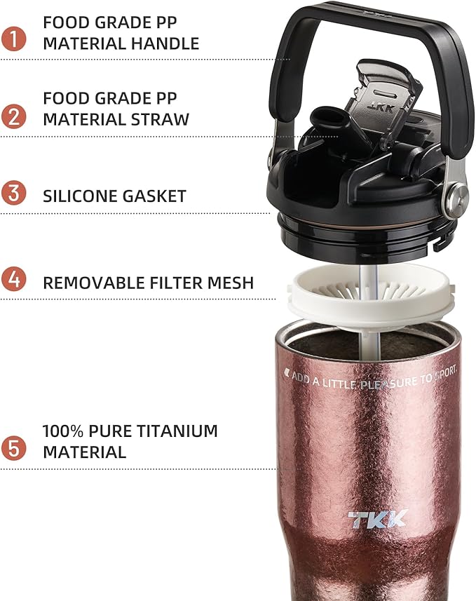 TKK 24oz Pure Titanium Inner Tumbler with Straw Lid, Vacuum Insulated Cup Leakproof Double Walled Travel Mug with Handle, Dishwasher Safe for Hot/Cold Drinks, Titanium Pink