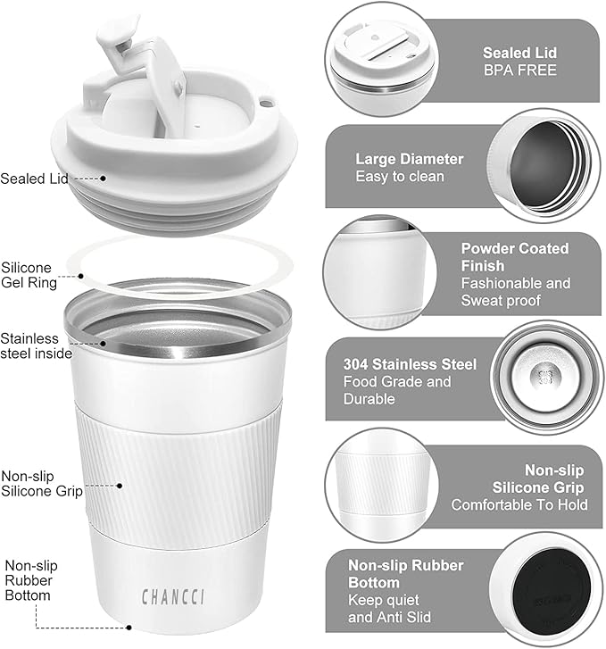 12oz Travel Coffee Mug Spill Proof, Insulated Coffee Mug with Lid, Leakproof Coffee Tumbler,Stainless Steel Vacuum Coffee Cup for Hot/Cold Drinks, Reusable Coffee Cup for Men Women -380ml,White