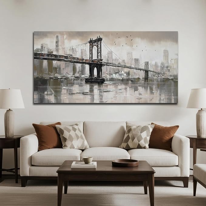 Anolyfi Vintage Brooklyn Bridge Canvas Wall Art Decor, Skylines Cityscapes - Image 3