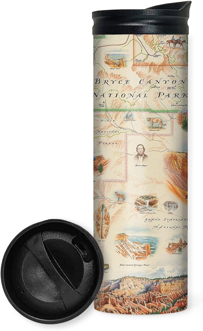 Xplorer Maps Bryce Canyon National Park Map 16 Oz Travel Drinkware with Spill-Resistant Lid - Stainless Steel Vacuum Insulated Coffee Tumbler