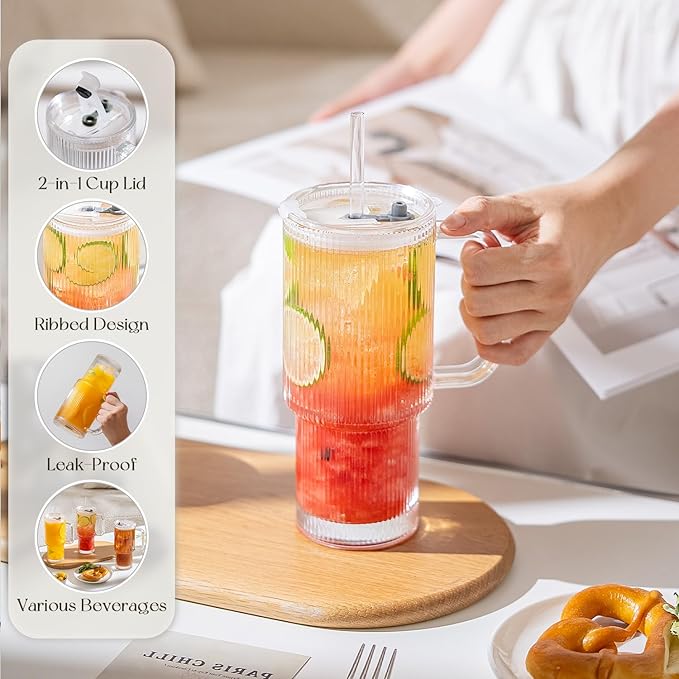 KEMORELA Large 26oz Clear Glass Mug with Handle and Sliding Lid – Aesthetic Ribbed Tumbler for Iced Coffee, Smoothies & Hot Drinks – Reusable Travel Cup with Straw, Dishwasher Safe (Ribbed Tumbler)