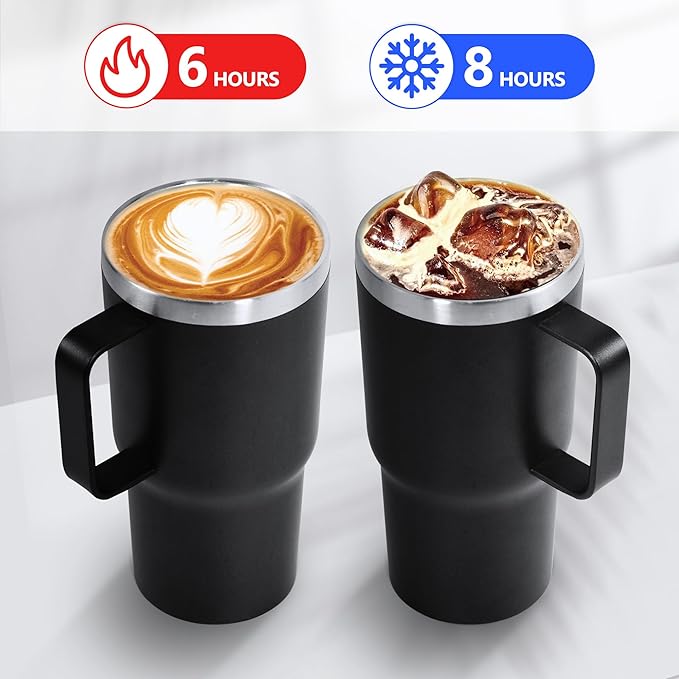 20 oz Tumbler with Handle, insulated cup coffee mug with lid, straw and handle, Double Wall Stainless Steel Vacuum Coffee Tumbler travel mug spill proof, 1pcs Black