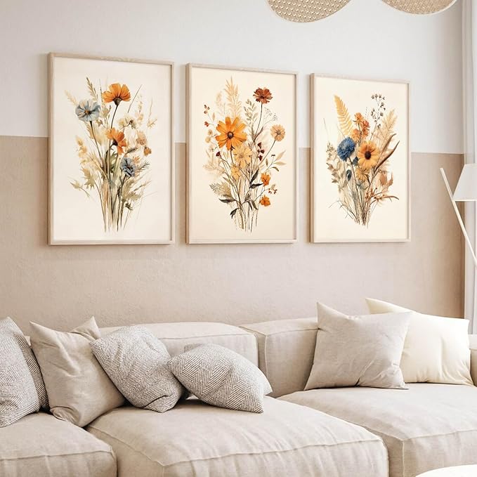 Botanical Floral Wall Art Set of 3 Vintage Wildflower Canvas Wall Decor - Image 4