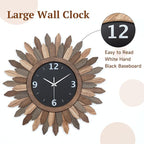 Honiway Large Wall Clock Battery Operated 21 in Rustic Wood Boho Sunburst - Image 3