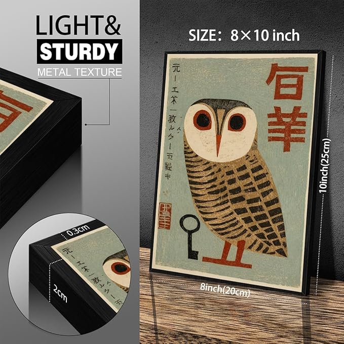 Vintage Japanese Black Framed Wall Art Owl Poster Mid Century Animal Print - Image 2