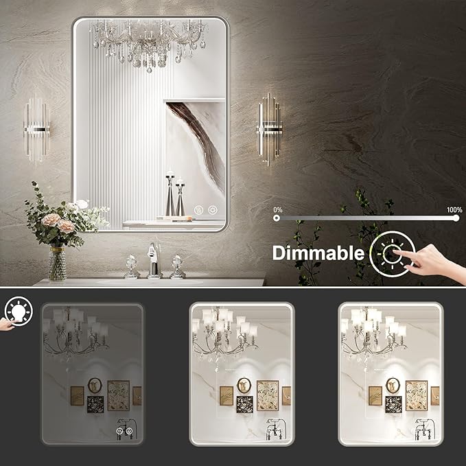 LED Bathroom Mirror with Lights, 20x28 Inch Brushed Silver Framed Lighted - Image 3