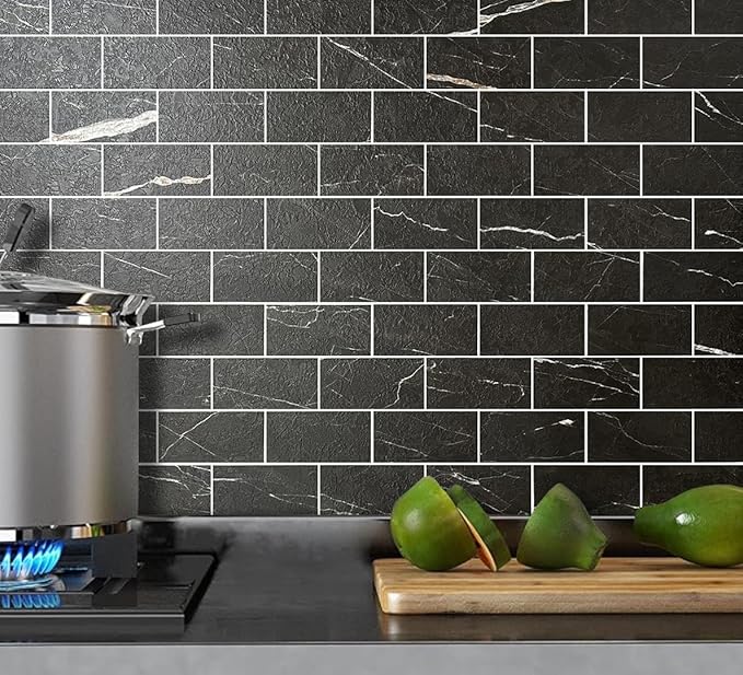 AULIGET Faux Stone Backsplash Peel and Stick PVC Tile, 3 Inch x 6 Inch Black - Image 2