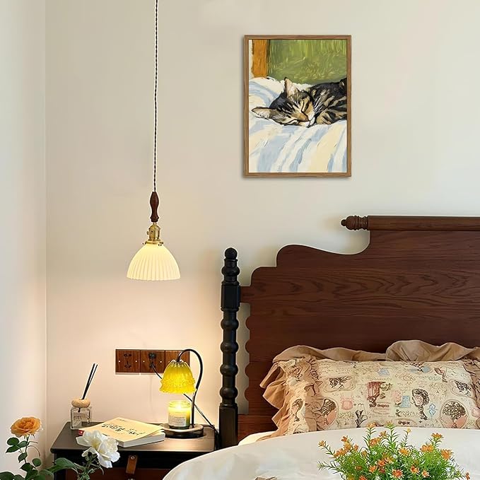 Cute Cat Wall Art, Vintage Tabby Cat Sleeping in Bed Wall Decor Painting - Image 2