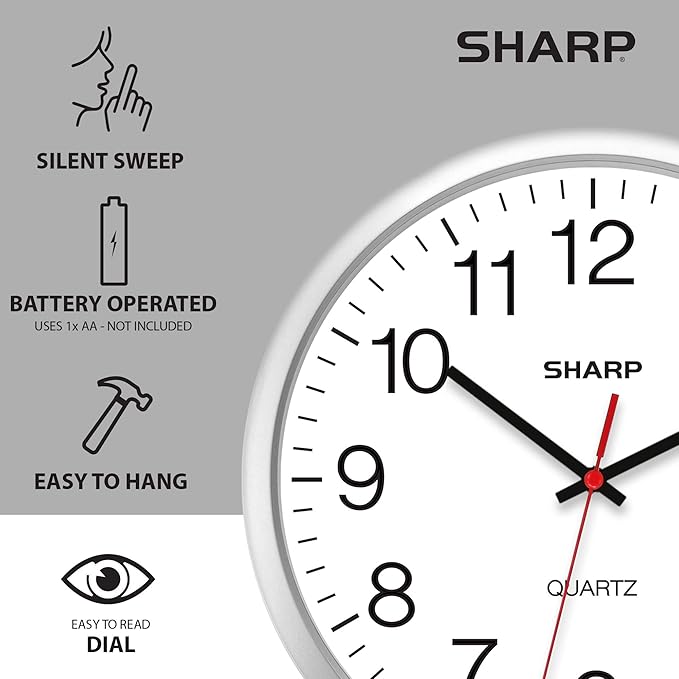 Sharp Wall Clock – Silver, Silent Non Ticking 14 Inch Quality Quartz Battery - Image 5