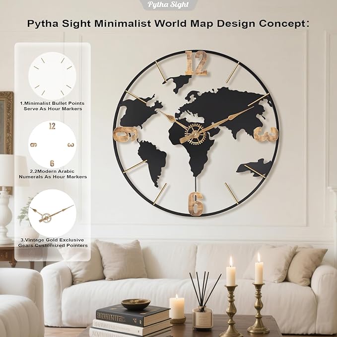 Pytha Sight 20 Inch Large Wall Clock, Modern Decorative Big World Map - Image 3