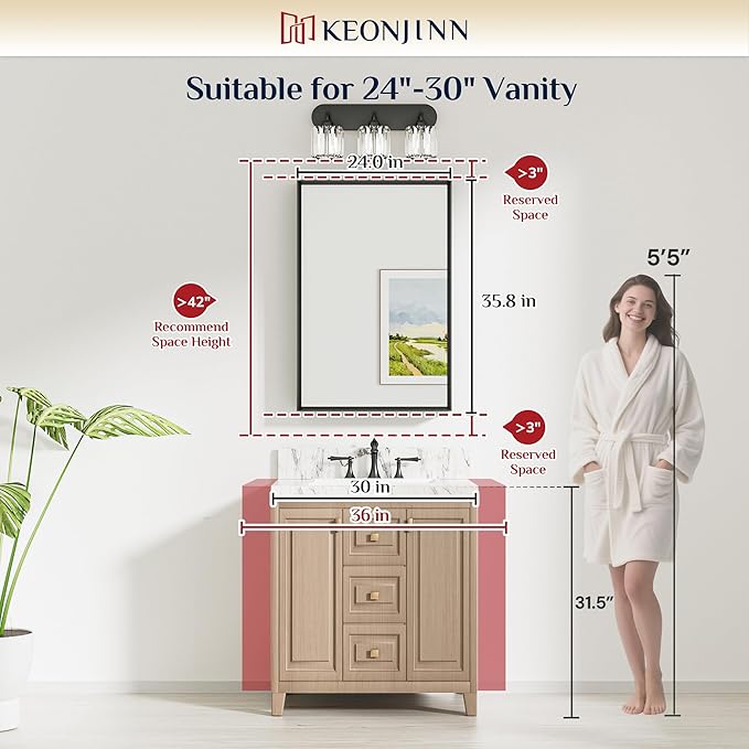 Keonjinn 24 x 36 Inch Brushed Nickel Bathroom Mirrors - Image 5