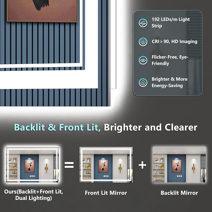 60x28 LED Bathroom Mirror with Lights, Backlit and Front Lit Anti-Fog Lighted - Image 3