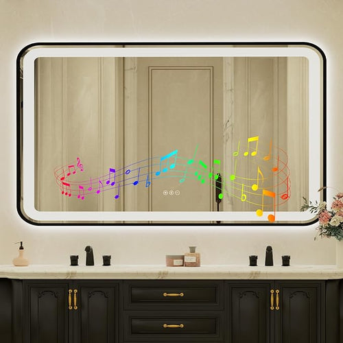 32x55 Inch Black Framed LED Bathroom Mirror by Unknown
