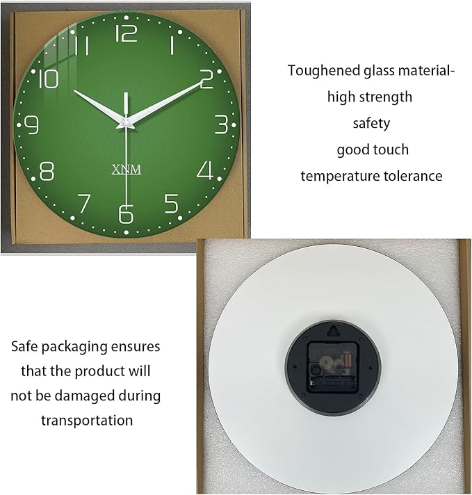 XNM Bedroom Clock Battery Operated Glass Minimalist Green Wall Clock 12 Inch - Image 7