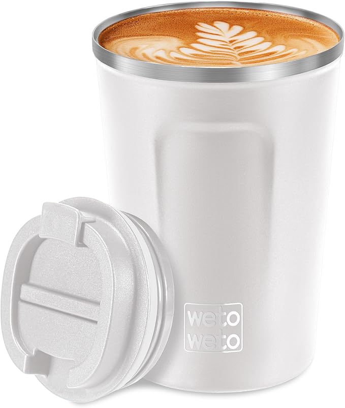 WETOWETO 12oz Reusable Coffee Cup, Coffee Travel Mug with Lid, Spill Proof Thermal Mug, Double-Walled Insulated Cup, Stainless Steel Portable Cup for Hot and Cold Drinks(White)