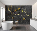 -Black and Gold Marbled Fabric Wallpaper Dark Abstraction Art Living Room - Image 3