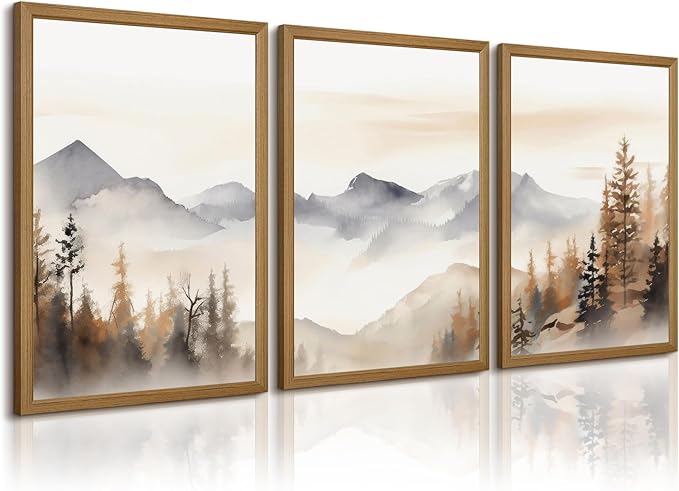 Neutral Mountain Wall Art Decor Set of 3 Forest Canvas Wall Art Poster by Unknown