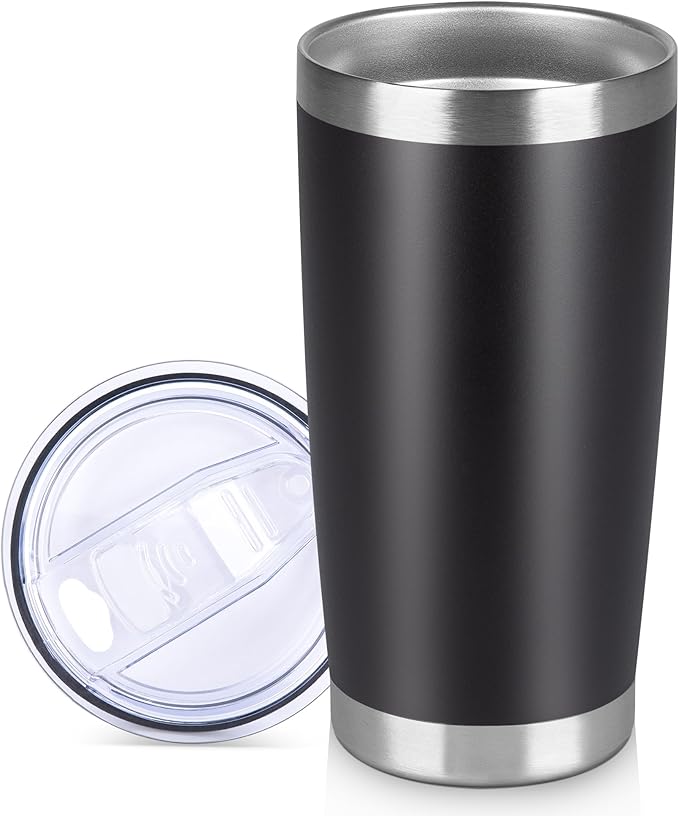 20 oz Tumbler Stainless Steel Tumblers Bulk with Lid Double Wall Insulated Coffee Tumbler Cups for Hot & Cold Drinks Powder Coated Travel Coffee Tumbler Mug Metal (Black, 1 pack)