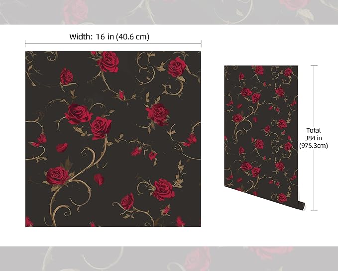 FLFK Vintage Wallpaper Peel and Stick Red Rose Wallpaper 16in x 384in Floral - Image 2
