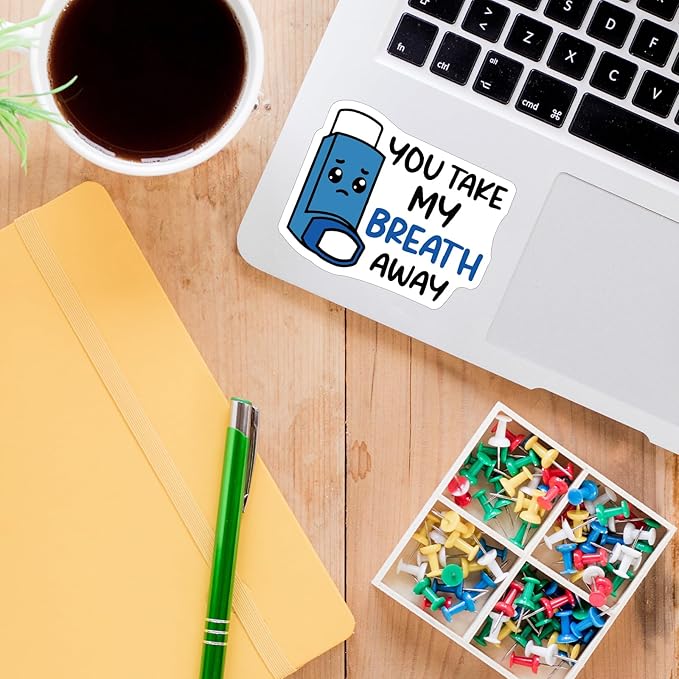 YAZMEEN 20 Pcs Cute Blue Inhaler Stickers You Take My Breath Away Stickers for Lung Respiratory Therapist Nurse Doctor Student Appreciation Gifts Decals for Waterbottle Notebook Phone（Size 2.5''）