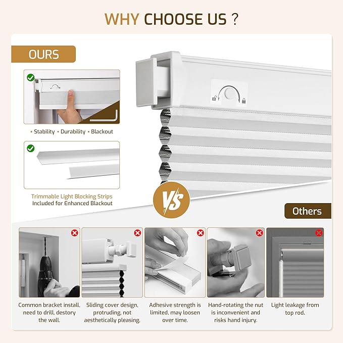 Grandekor No Drill Cordless Cellular Shades, Honeycomb Blinds - Image 5