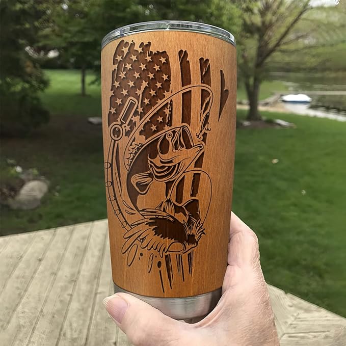 wowcugi Custom Tumbler For Men 20oz 30oz Born To Fish Forced To Work Personalized Insulated Cup Gifts For Fishing Wood Style Mug For Dad Grandpa Husband Boyfriend Son Birthday Valentines Fathers Day