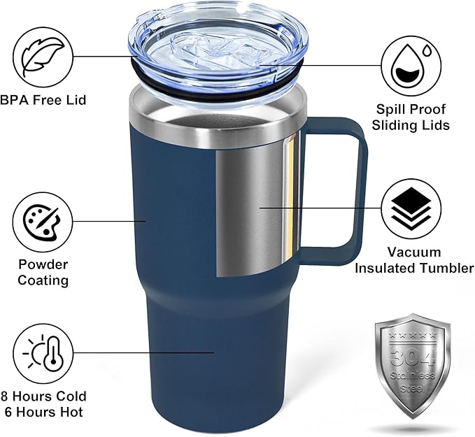 20 oz Tumbler with Handle, insulated cup coffee mug with lid, straw and handle, Double Wall Stainless Steel Vacuum Coffee Tumbler travel mug spill proof, 1pcs Navy Blue
