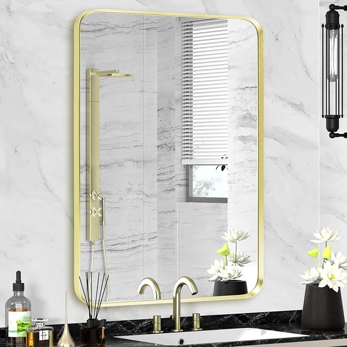 Gold Framed Bathroom Mirror, Brushed Gold Bathroom Vanity Wall Mirror, Rounded by Minuover