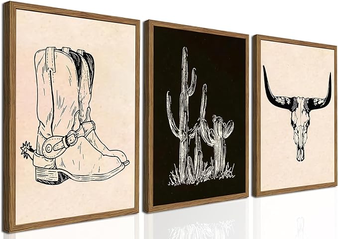 Vintage Western Wall Art Set of 3, Southwestern Cowboy Wall Decor Paintings by TransformYourWallsElevateYourStyle