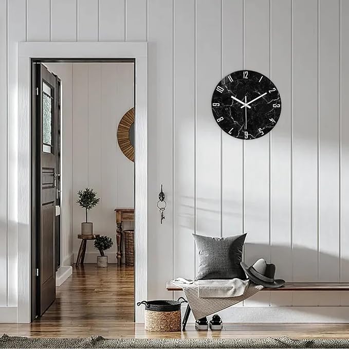 Marble Minimalist Wall Clock for Living Room Black Wall Clocks Battery Operated - Image 2
