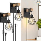 Lomoky Plug in Wall Sconces Set of Two, Vintage Wood Wall Lamps by Lomoky