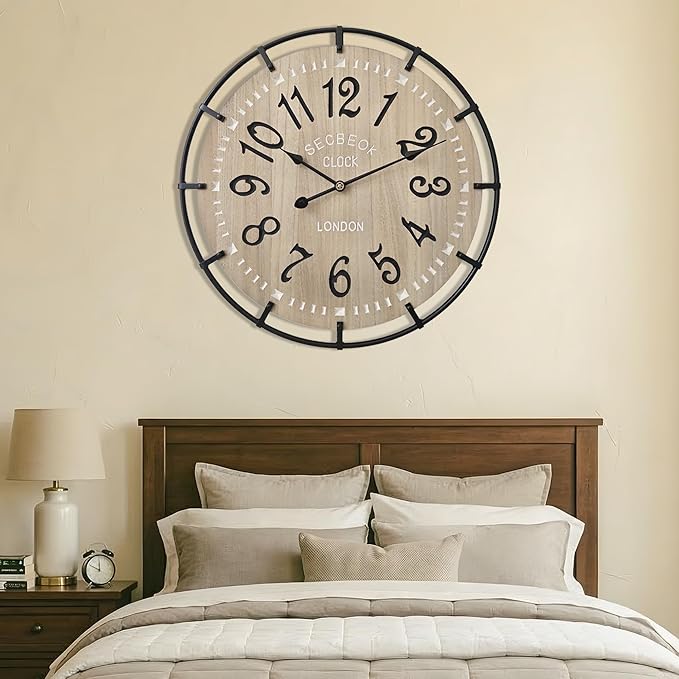 24 Inch Large Farmhouse Wall Clock, Metal Rustic Wood - Image 6