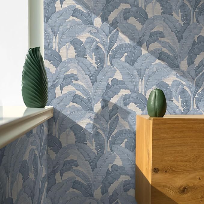 Tempaper Textured Blue Layered Palm Faux Grasscloth Removable Peel and Stick - Image 4