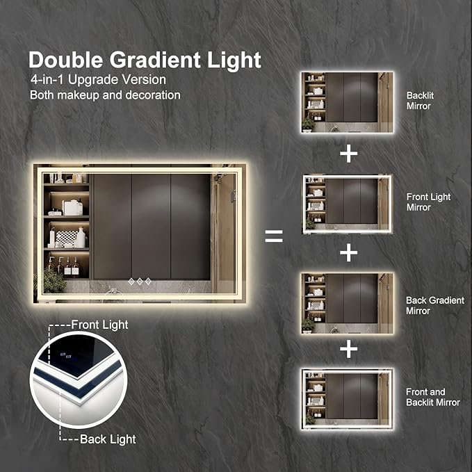 Bathroom Mirror with Lights, 60x40 Inch Gradient Front and Backlit Mirror - Image 4