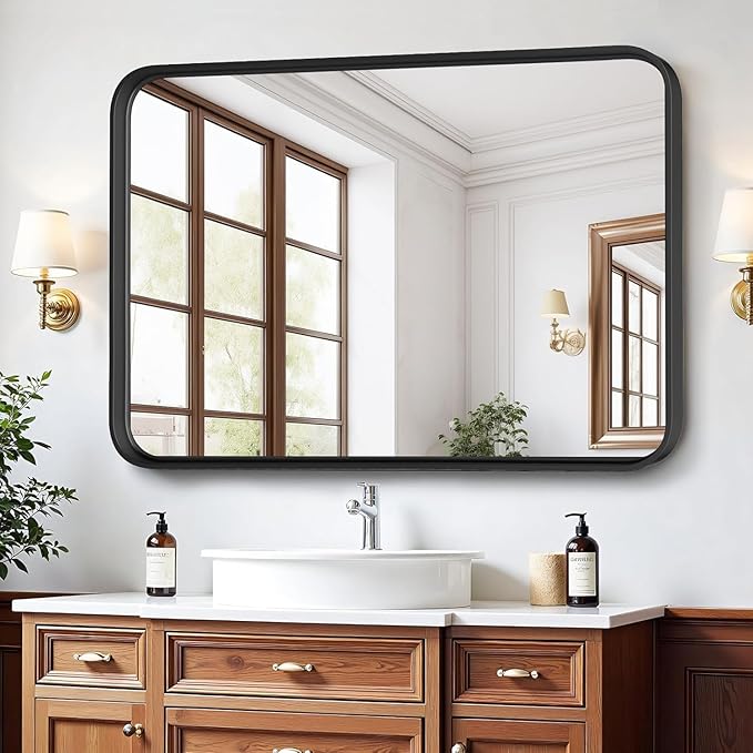 Bathroom Mirror for Wall, 30x22 Inch Rectangle Mirror, Matte Black Metal Framed - Image 3