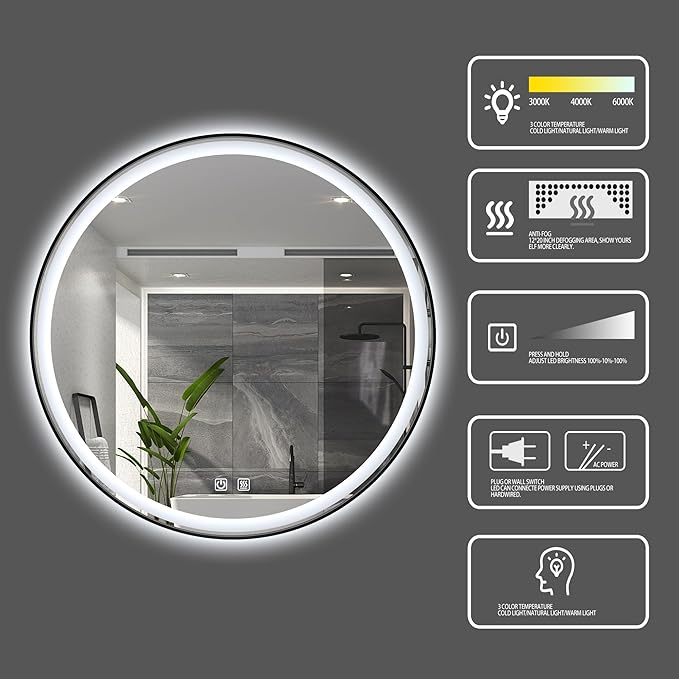 Itrue 36 Inch LED Bathroom Round Mirror, Adjustable Color Temp & Brightness - Image 2