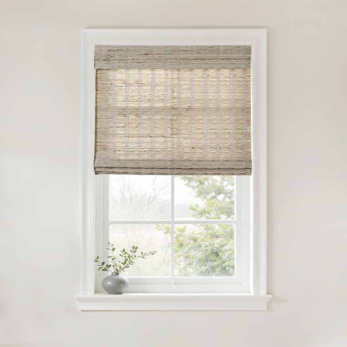 TWOPAGES Natural Woven No Drill Roman Shades, Custom Cordless Light Filtering by TWOPAGES