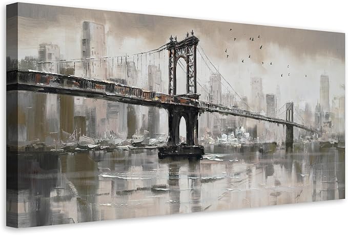 Anolyfi Vintage Brooklyn Bridge Canvas Wall Art Decor, Skylines Cityscapes by Anolyfi